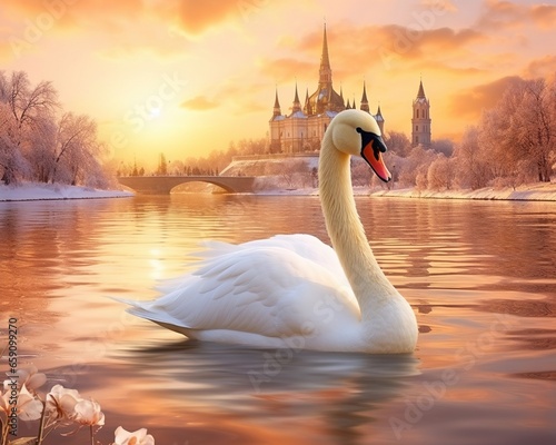 Fototapeta Naklejka Na Ścianę i Meble -  golden swan is in a lake with snow.