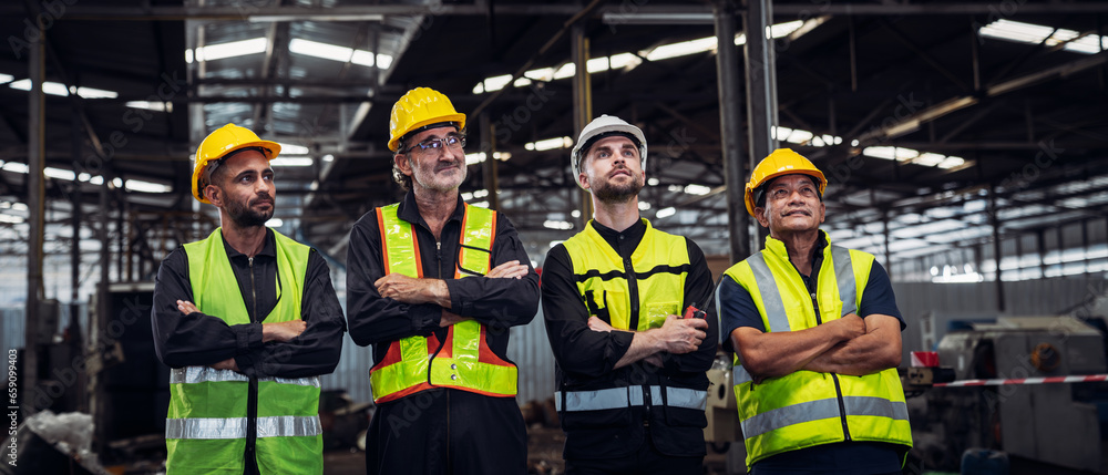 Portrait of Group of Team Mechanical Engineers at Factory Machines. Worker industry collaboration.. . Portrait of Group of Team Mechanical Engineers at Factory Machines. Worker industry collaboration.. .
