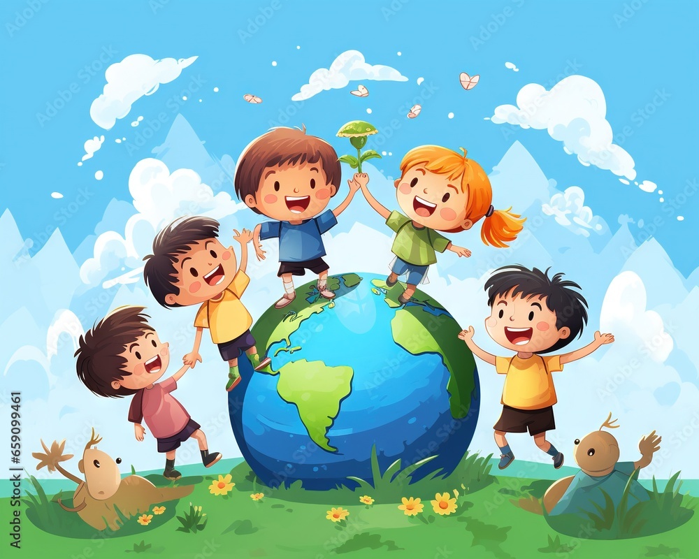 Children play with Earth globe on International Children's Day. Children play with Earth globe on International Children's Day.