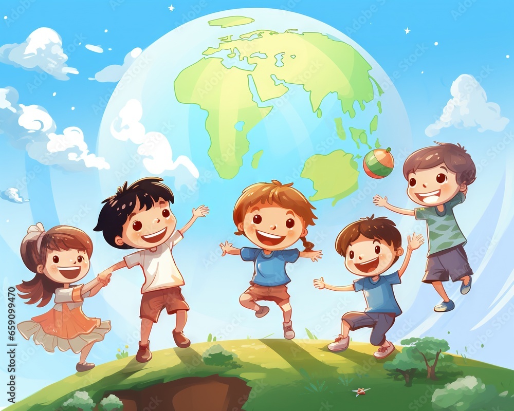 Children play with Earth globe on International Children's Day. Children play with Earth globe on International Children's Day.