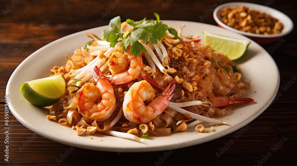 Pad Thai, stir-fried rice noodle with prawn 