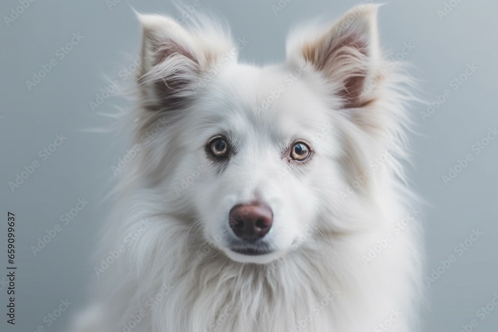 Cute fluffy dog with curly white fur and blue eyes on a light background. Generative AI