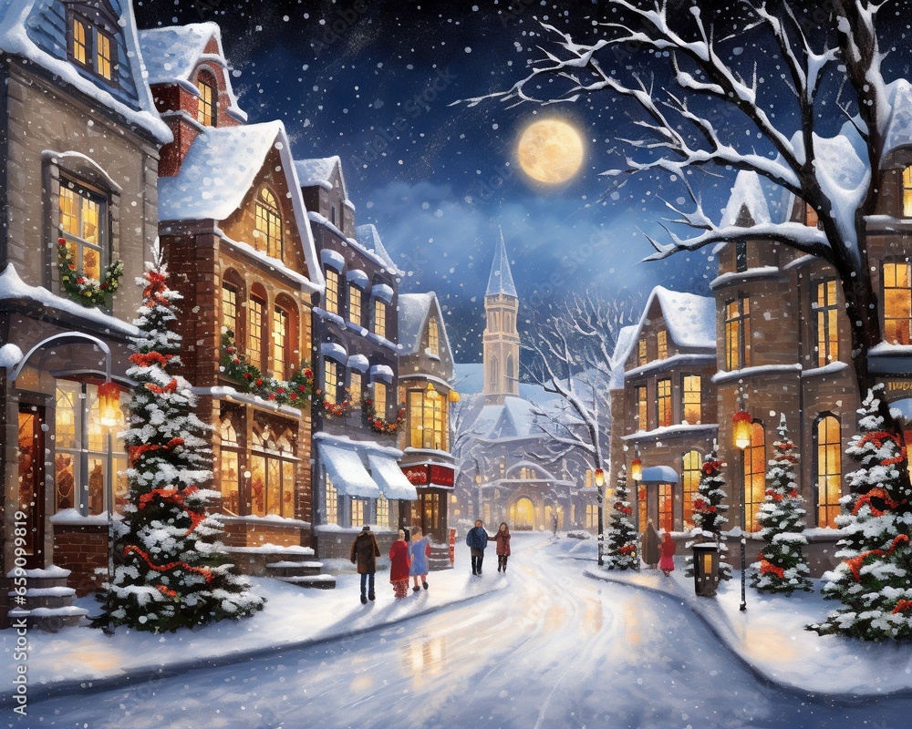 snow-covered buildings decorated for Christmas. snow-covered buildings decorated for Christmas.