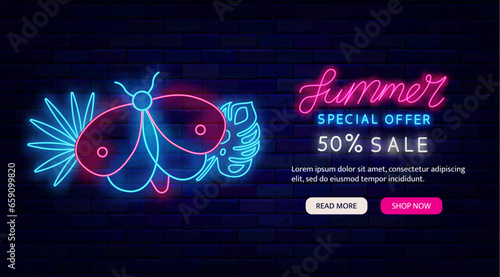 Summer sale neon flyer. Website landing page template. Butterfly and exotic leaves. Vector stock illustration photo