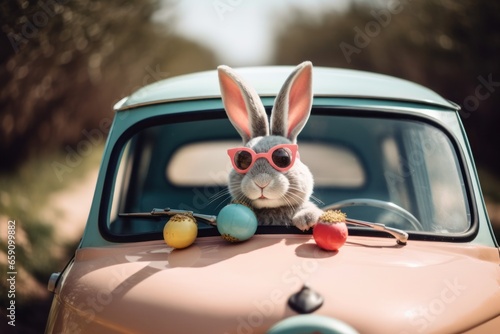 Cute Easter Bunny with Sunglasses and Easter Eggs in Car