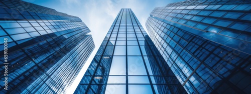 Modern Tall Building  Blue Sky  Glass Reflections  Low Angle View