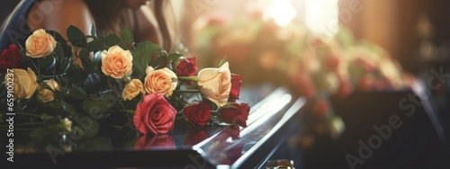 Funeral Woman Rose Flower Coffin Church photo
