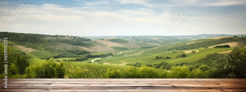 Empty Wood Table with Blurred Vineyard Background in Tuscany