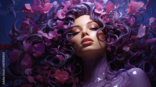 portrait of a woman with purple hair and flower