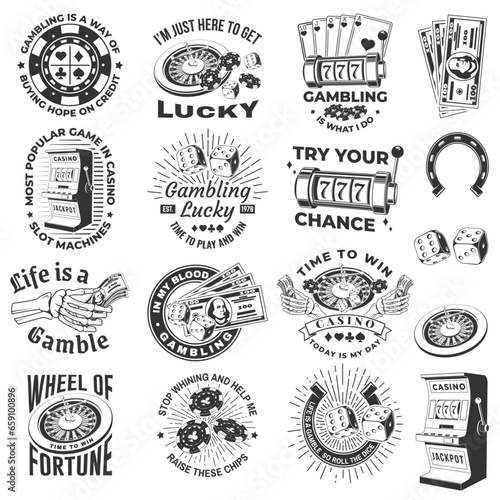Set of gambling vintage print, logo, badge design with wheel of fortune, two dice, skeleton hand holding dollar, poker playing card, casino chips, slot machines and horseshoe silhouette. Vector