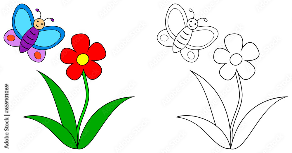 Cartoon butterfly with flower colorful and line. Coloring book page for children. Colored and outline  butterfly with flower illustration isolated on trabsparent background. Game for kids.