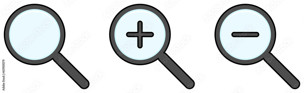 Magnifying glass icon set. Zoom in and out icons. Search sign. Find symbol. Magnifying glass icon set. Zoom in and out icons. Search sign. Find symbol.