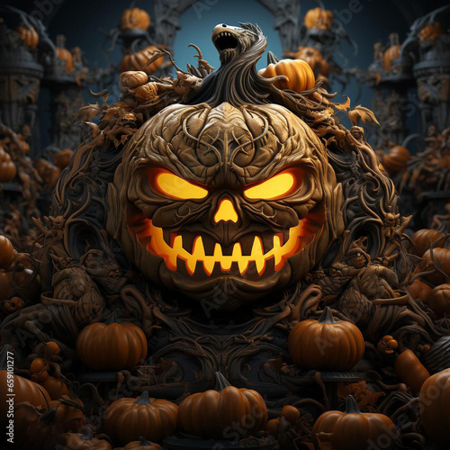 scary halloween pumpkin generative AI © racesy