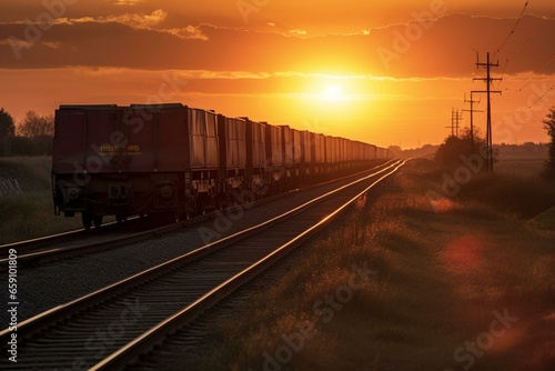 a cargo train at sunset. Generative AI