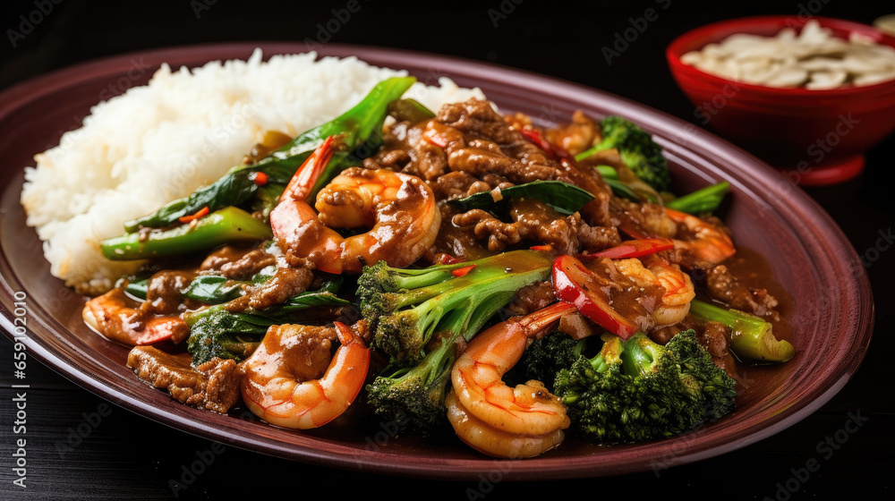 Asian style stir-fry vegetables and meat and shrimp with rice Asian style stir-fry vegetables and meat and shrimp with rice