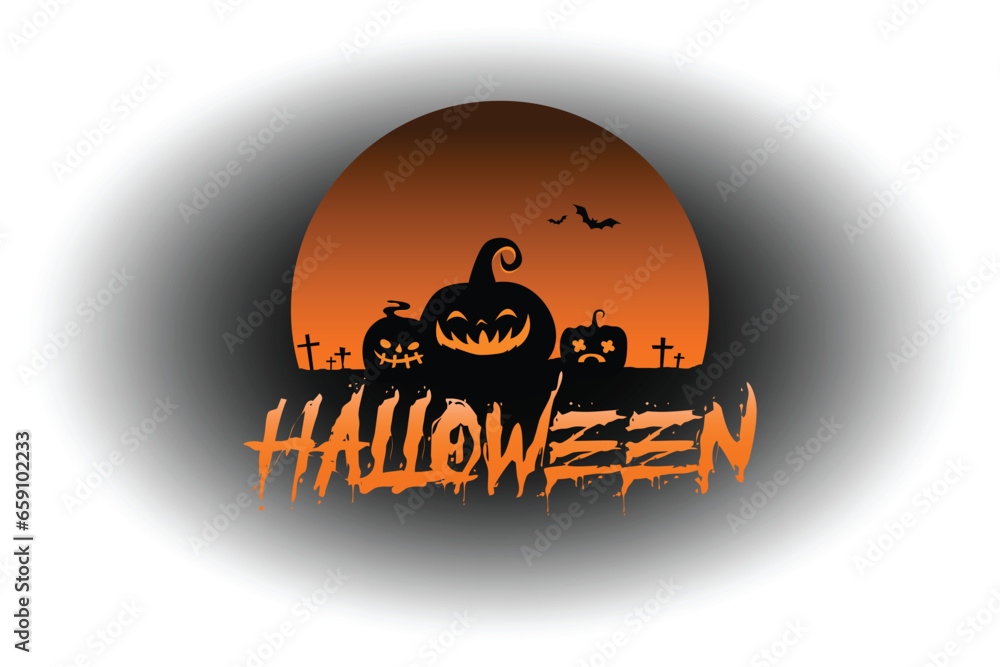 halloween silhouette vector flat background, black orange halloween