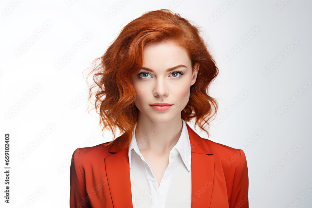 Red-haired business woman on white background
