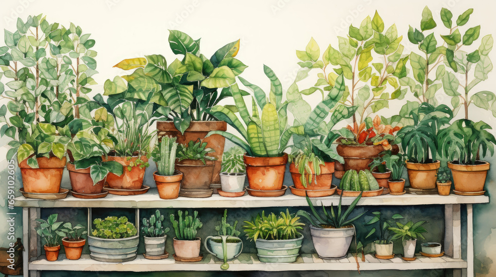Watercolor of small plants in pots Watercolor of small plants in pots