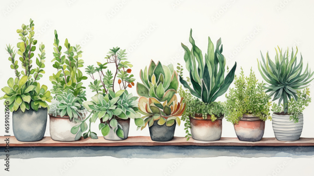 Watercolor of small plants in pots - obrazy, fototapety, plakaty 