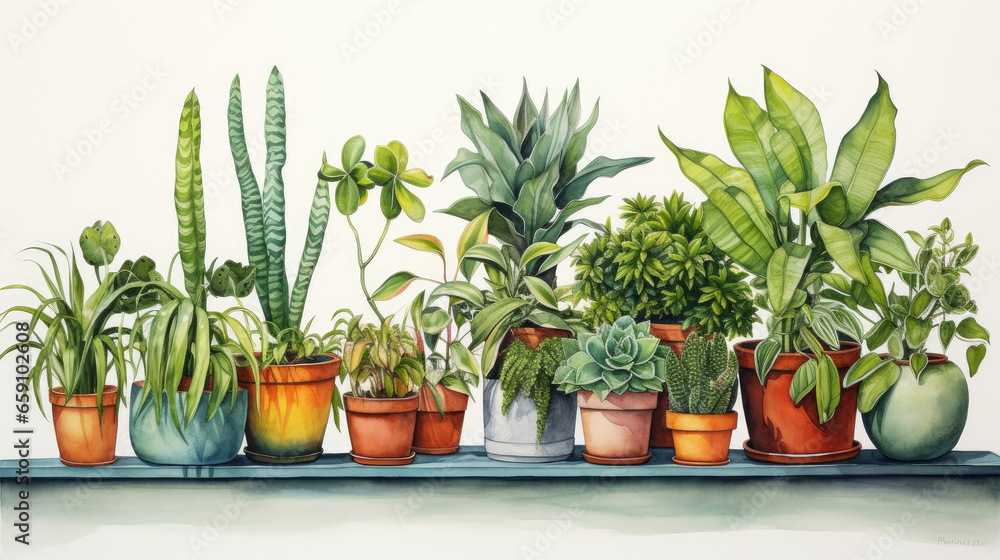 Watercolor of small plants in pots