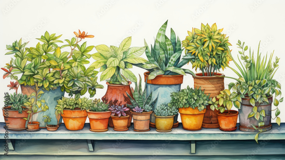 Watercolor of small plants in pots Watercolor of small plants in pots