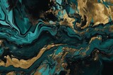 Abstract art with teal and black colors, marble swirls, agate ripples, beautiful texture, and gold glitter. Generative AI