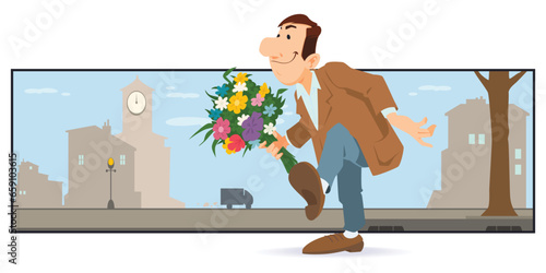 Man with bouquet goes on date. Illustration for internet and mobile website.