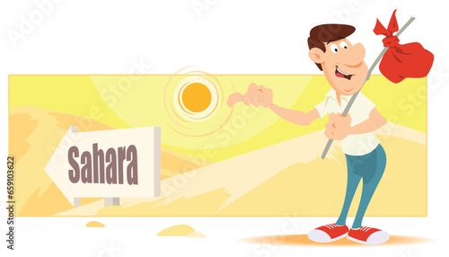 Traveler is looking for a passing car in desert. Illustration for internet and mobile website.