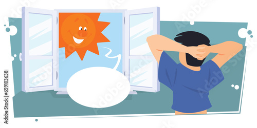 Happy man looks out window at sun. Illustration for internet and mobile website.