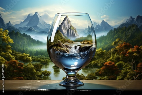 An image showing a glass with water pouring into a beautiful landscape. Generative AI