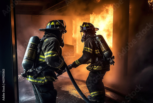 Two firefighters in a background of fire and smoke