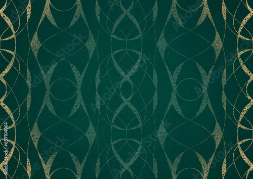 Hand-drawn unique abstract ornament. Light green on a dark cold green background, with vignette in golden glitter. Paper texture. Digital artwork, A4. (pattern: p10-3b)