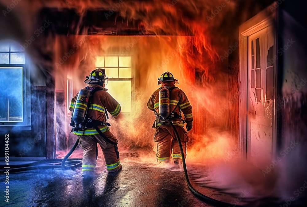 Two firefighters in a background of fire and smoke Two firefighters in a background of fire and smoke