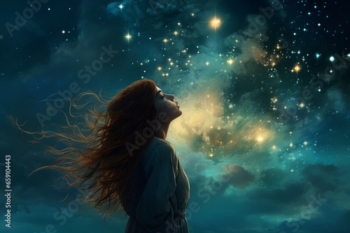 Passionate Astronomer starry sky night woman. Star science. Generate Ai