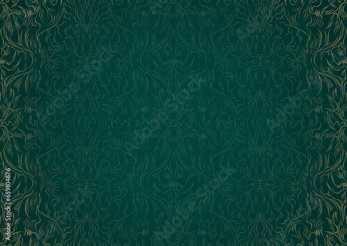 Hand-drawn unique abstract ornament. Light green on a dark cold green background, with vignette in golden glitter. Paper texture. Digital artwork, A4. (pattern: p11-1b)