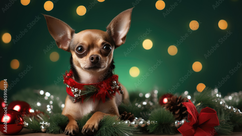 Chihuahua dog laying around christmas decorations, balls, pine brances and golden light on green the background. High quality photo Chihuahua dog laying around christmas decorations, balls, pine brances and golden light on green the background. High quality photo