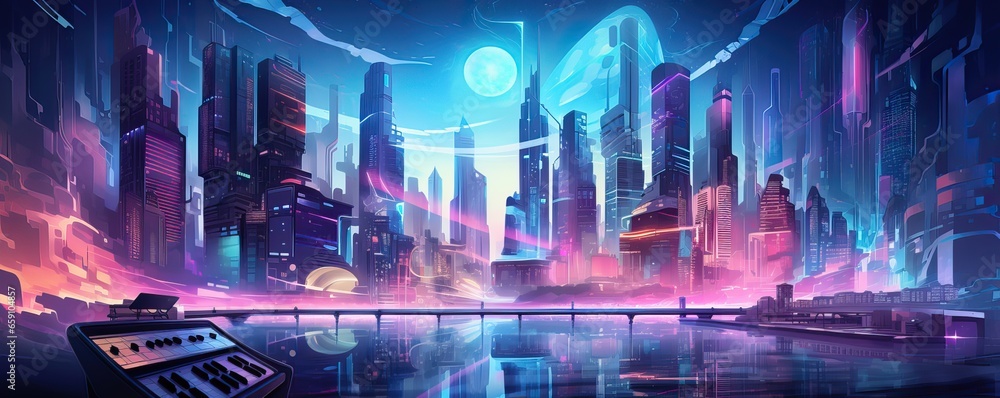 Fototapeta premium Futuristic city at night with neon lights.