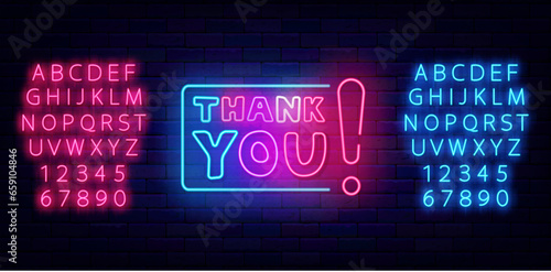 Thank you neon label. Light emblem. Exclamation mark with frame. Shiny pink and blue alphabet. Vector illustration