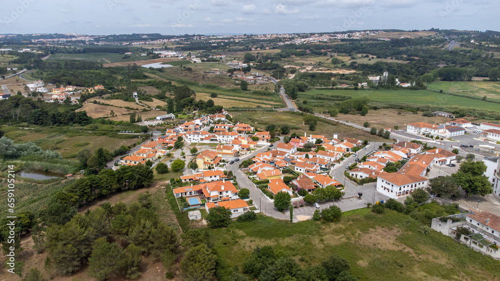 Aerial drone view of the Portugese town named Obidos