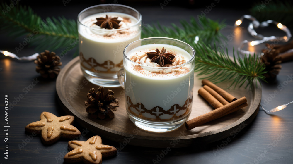 Two glasses of cinnamon latte coffee and gingerbread cookie for Christmas on wooden plate with decorations. High quality photo Two glasses of cinnamon latte coffee and gingerbread cookie for Christmas on wooden plate with decorations. High quality photo
