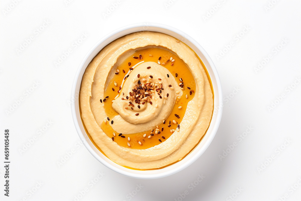 Hummus in bowl on white background, top view - obrazy, fototapety, plakaty 
