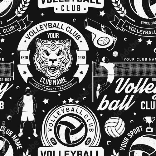 Set of volleyball sport club seamless pattern. Vector illustration. Concept for sport pattern background or wallpaper with volleyball ball, player, net and referee whistle silhouettes.