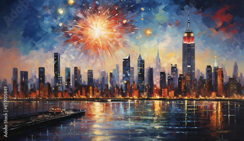 Vibrant New York Skyline Painting with Fireworks - 2024 New Year Celebration