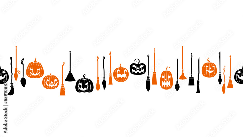 Halloween seamless pattern with brooms and punpkins vector design great for border, textiles, background, banner and wrapping Halloween seamless pattern with brooms and punpkins vector design great for border, textiles, background, banner and wrapping