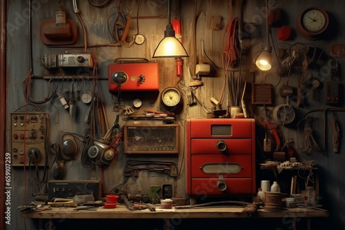 An arrangement of electrical tools and objects used by electricians. Generative AI