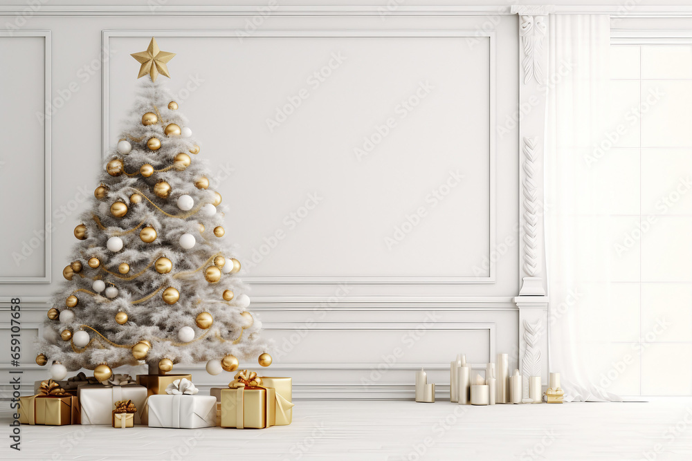 Festive Minimalistic Bliss, White Wall, Christmas Tree, and Happy New Year Greeting Card Mockup