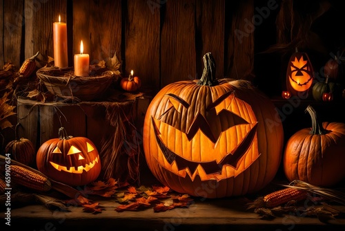 On a spooky Halloween night, a carved pumpkin with a mischievous grin stands illuminated by its own flickering light. The cloudy sky adds an eerie ambiance, and the full moon seems to be cradled