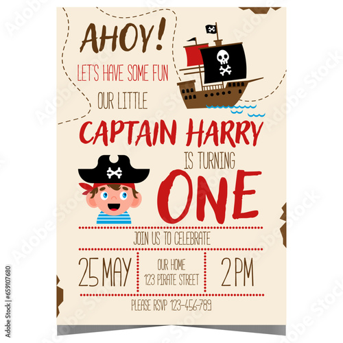 Pirate birthday party invitation for kids in cartoon style. Pirate party poster or flyer with flag with skull and crossbones on the pirate ship and character captain inviting to a sea adventure.
