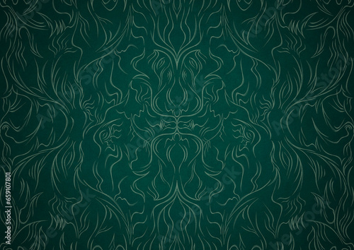 Hand-drawn unique abstract symmetrical seamless ornament. Bright green on a deep cold green with vignette of a darker background color. Paper texture. Digital artwork, A4. (pattern: p11-1a)