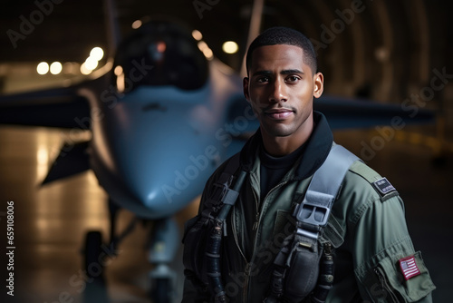 Portrait of a modern fighter pilot. Night photo of a serious African American pilot poses against the backdrop of a modern fighter jet. photo